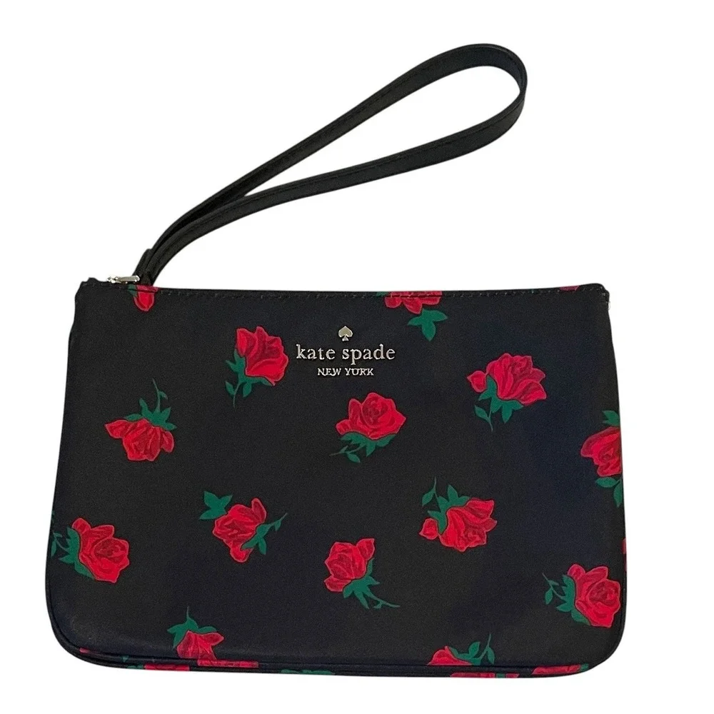 Kate‎ Spade Chelsea Rose Toss Printed Medium Wristlet Pouch Black Red Travel